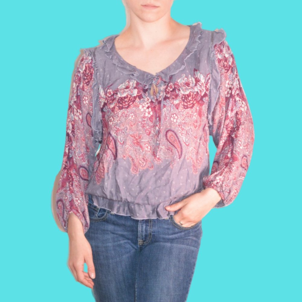 FREE PEOPLE Paisley Lilac Boho Blouse with Ruffles